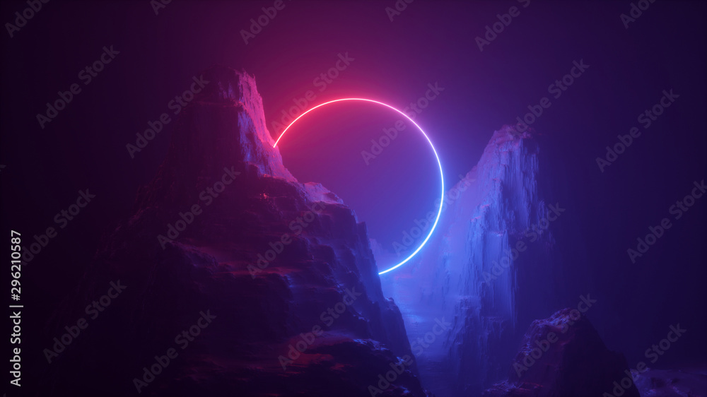 Fototapeta Abstrakcyjne tło neon. Kosmiczny krajobraz, teren nocą, mgliste skały, ziemia. Fototapeta 3D