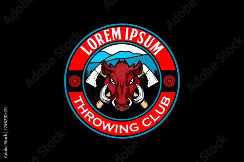 wild boar head with axe and Mountain vector logo template