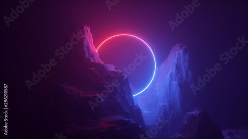 3d abstract neon background. Cosmic landscape, terrain at night, foggy rocks, ground. Round blank frame, copy space. Red blue light, virtual reality, energy source, laser ring.