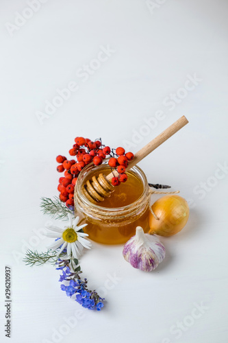Healthy lifestyle and healthy eating with natural products.  Honey, Mint, Onion, Garlic