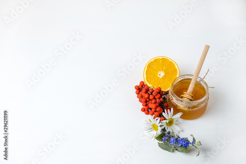 Healthy lifestyle and healthy eating with natural products. Honey, citrus and mint treatment