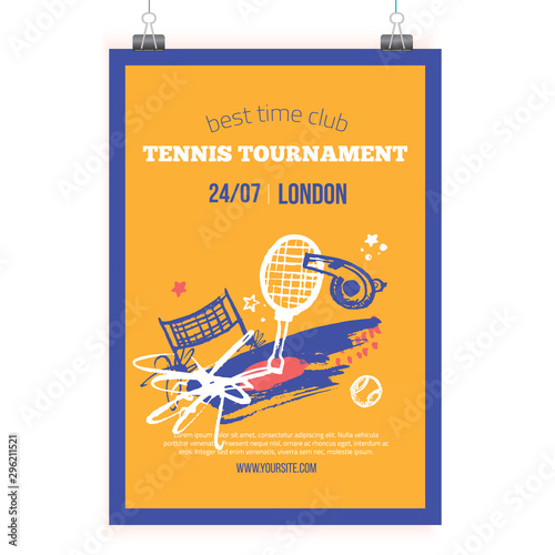 Tennis Poster in grunge style, modern flyer, Tournament template, game layout