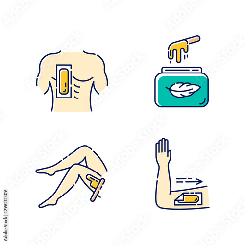 Soft waxing beige color icons set. Chest, leg, arm hair removal with strips. Cold wax in jar. Female, male body depilation. Professional beauty treatment cosmetics. Isolated vector illustrations
