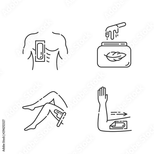 Soft waxing linear icons set. Chest, leg, arm hair removal with strips. Cold wax in jar. Female, male body depilation. Thin line contour symbols. Isolated vector outline illustrations. Editable stroke