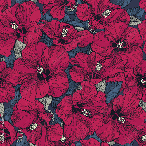 Seamless pink floral pattern with colorful hibiscus flowers
