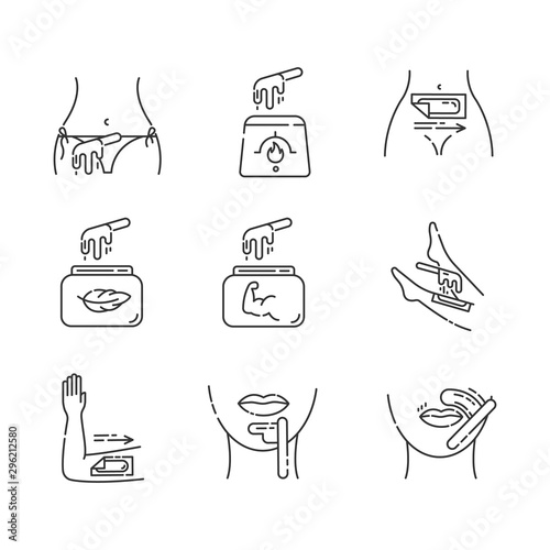 Waxing linear icons set. Bikini, leg, upper lip, chin hair removal. Hot wax in jar with spatula. Depilation equipment. Thin line contour symbols. Isolated vector outline illustrations. Editable stroke