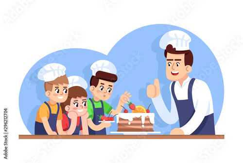 Сhildren cooking class flat vector illustration. Culinary school for kids. Treat for mothers day. Extracurricular activity. Interest club. Boys decorating cake, chef approving cartoon characters