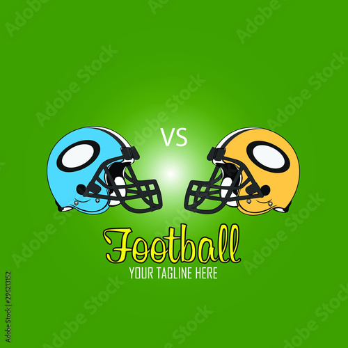 American football match concept. Blue, yellow Helmets football with green background. Advertising template for banner, wallpaper, webpage or billboard. Vector Illustration.