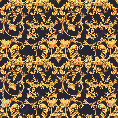 Watercolor golden baroque seamless pattern of floral curl and grape with roses, rococo ornament.