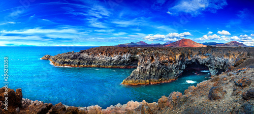 Beaches, cliffs and islands of Spain.Scenic landscape Los Hervideros lava's caves in Lanzarote island,landmark in Canary islands