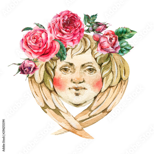 Fototapeta Naklejka Na Ścianę i Meble -  Watercolor golden baroque angel, with red roses, rococo ornament element. Hand drawn gold scroll