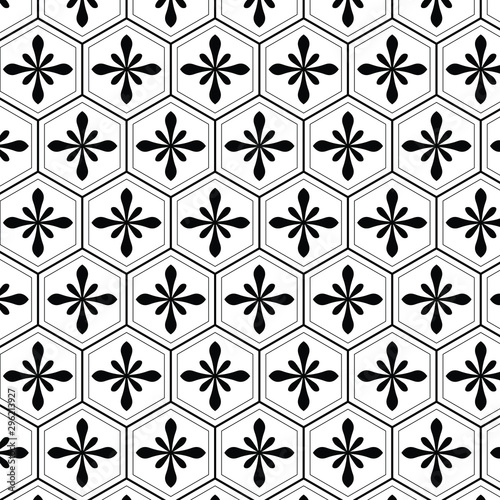 Seamless classic japanese pattern with floral and hexagonal motif on black and white colorway.