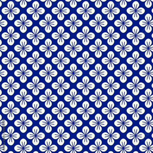 Seamless japanese pattern with floral motif on blue background. 