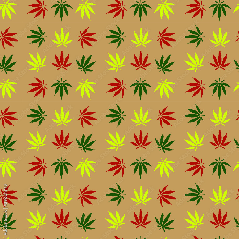 Colorful Cannabis leaves on soft brown background - seamless pattern. Colorful Cannabis leaves on soft brown background - seamless pattern.