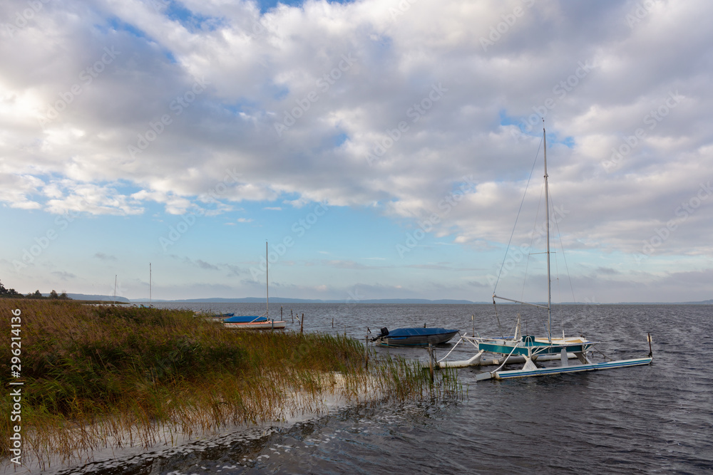 A catamaran and other boat at their moorings. A view to the south over the sea and the landscape of the German island Ruegen. In the reeds foam floats on the water. A catamaran and other boat at their moorings. A view to the south over the sea and the landscape of the German island Ruegen. In the reeds foam floats on the water.