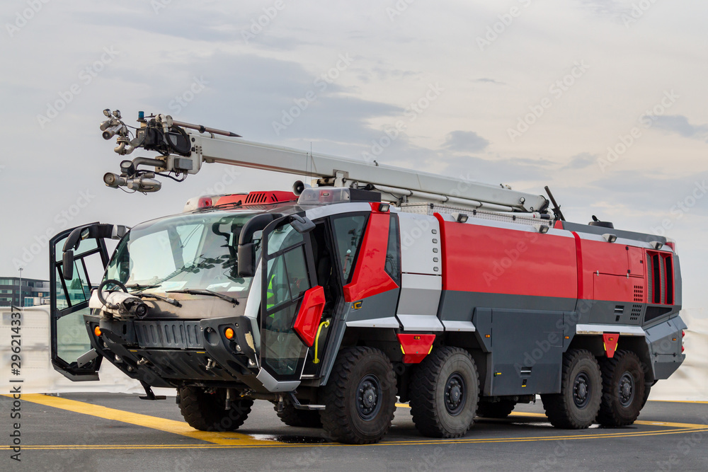 Airport fire fighting truck, isolated background
