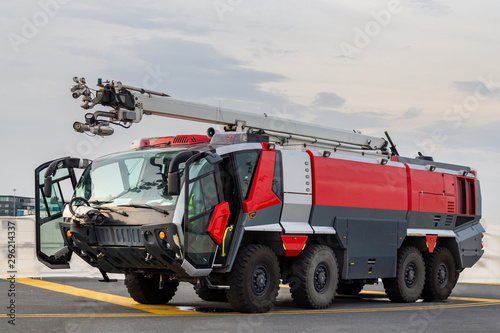 Photography Airport fire fighting truck, isolated background