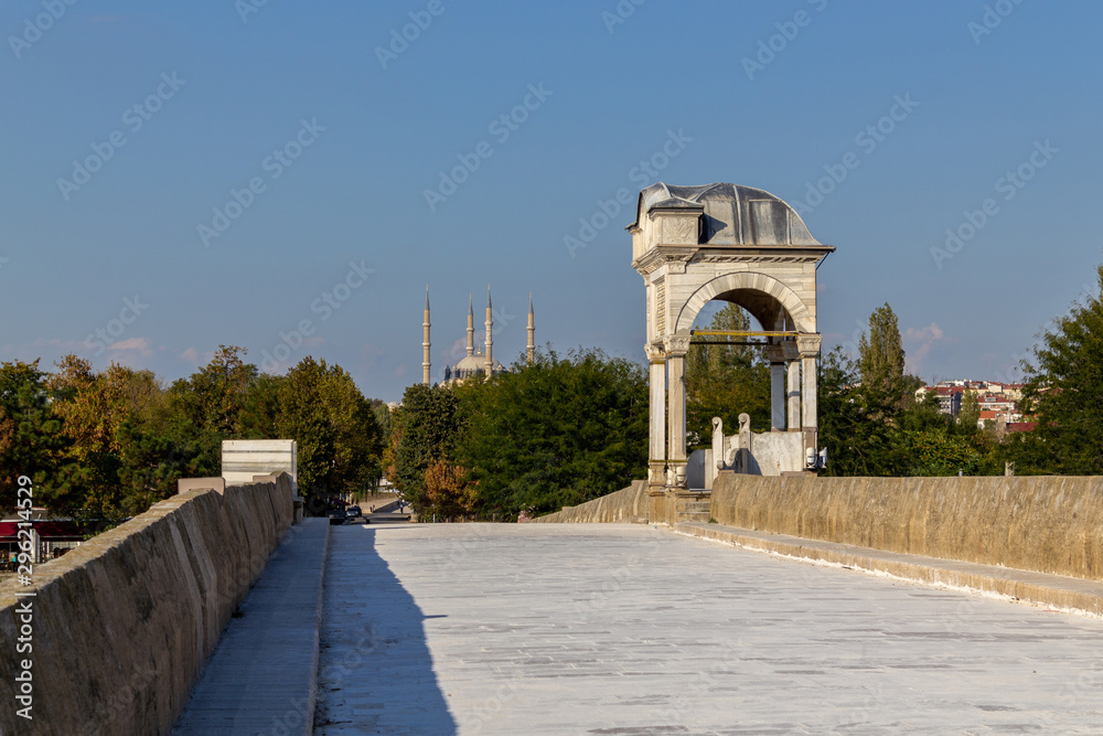 Historical old Meric Bridge on Meric River. Edirne, Turkey 