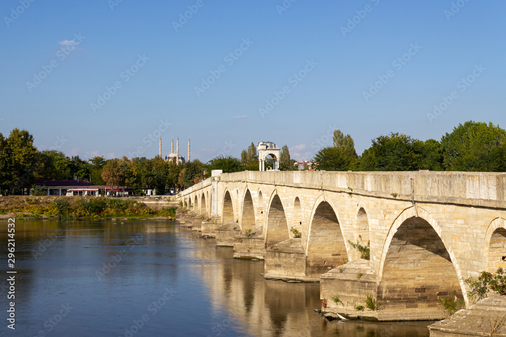 Historical old Meric Bridge on Meric River. Edirne, Turkey 
