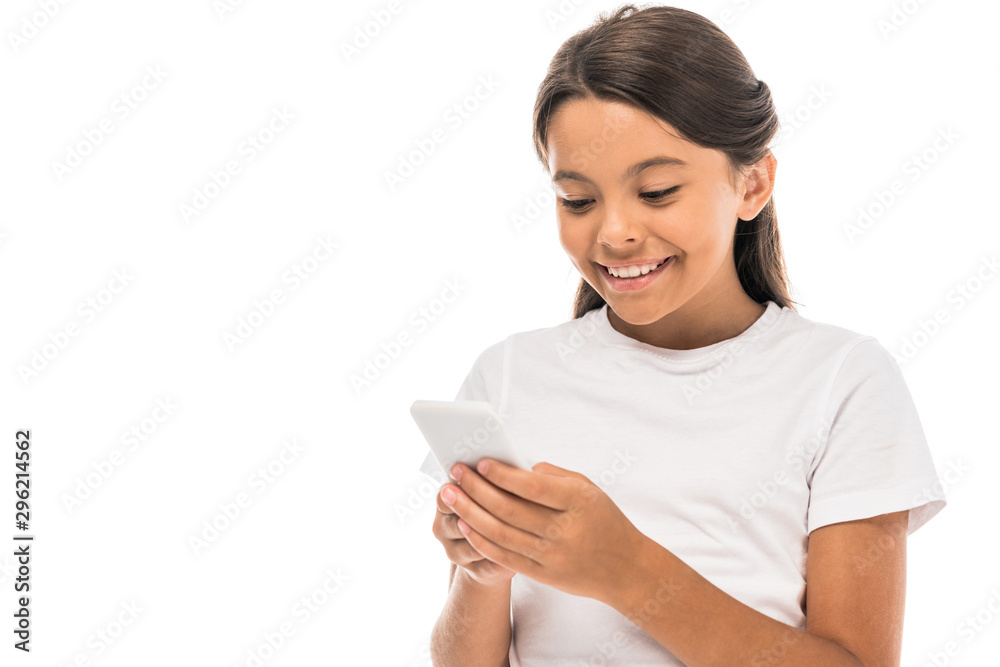 happy child using smartphone isolated on white happy child using smartphone isolated on white