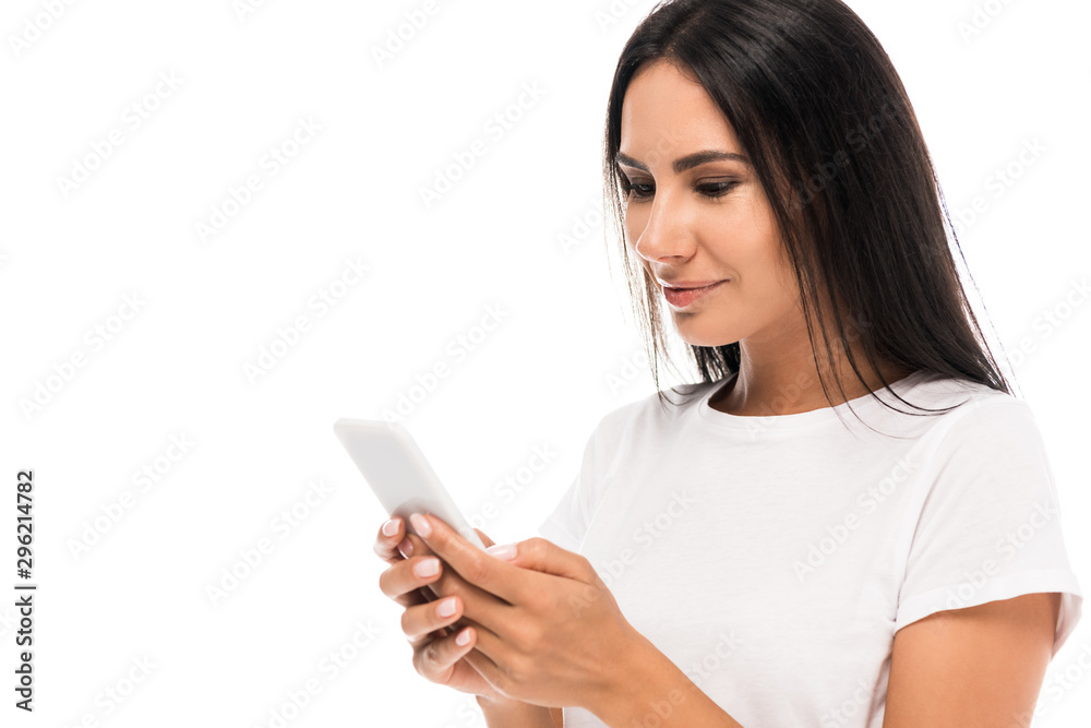 happy woman in white t-shirt using smartphone isolated on white happy woman in white t-shirt using smartphone isolated on white