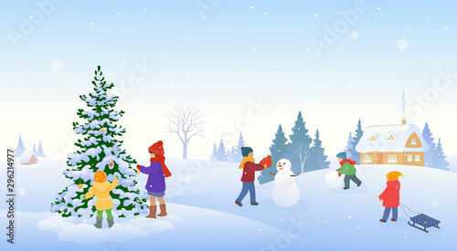 Winter kids in a village