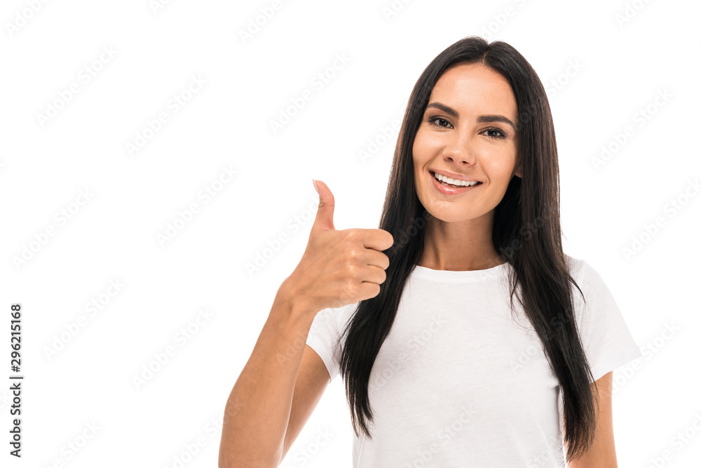 happy woman showing thumb up isolated on white happy woman showing thumb up isolated on white