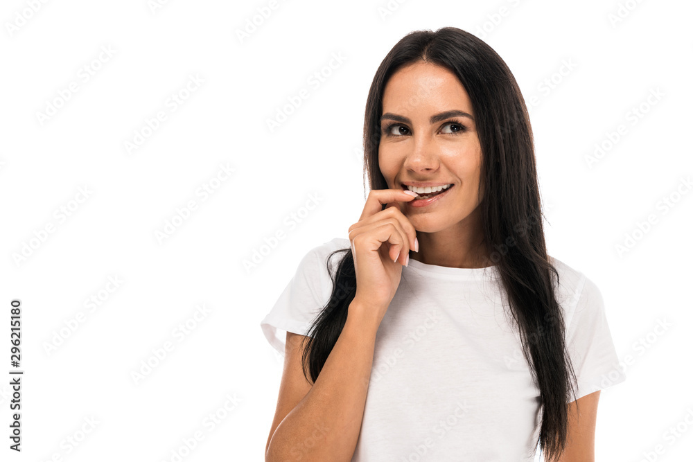 happy young woman in white t-shirt isolated on white happy young woman in white t-shirt isolated on white
