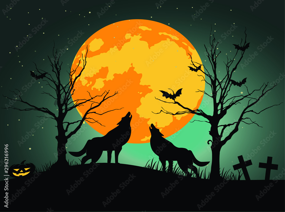 Happy Halloween howling wolves on the moon rough surface design background, vector illustration