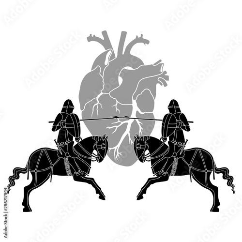 Two medieval knights riders fighting for human heart. Monochrome silhouette. Abstract concept.