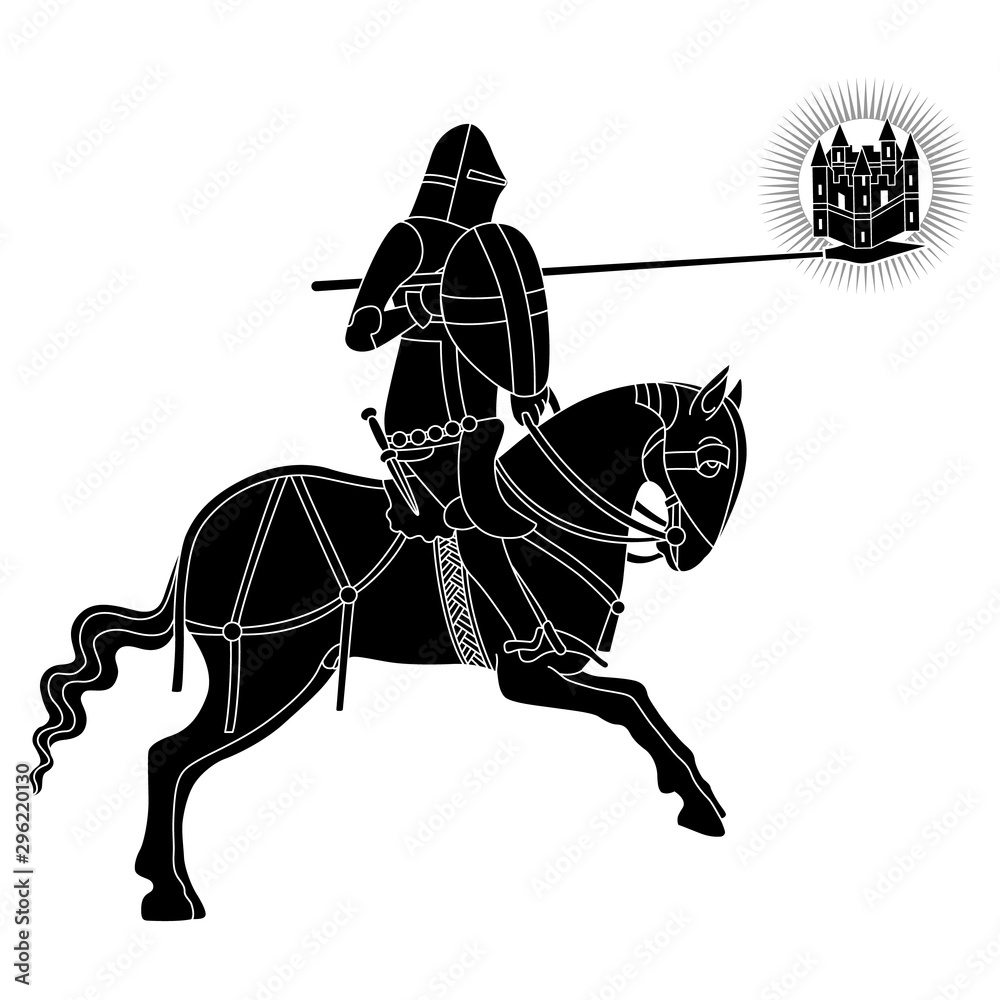 Medieval knight riding a horse and holding castle on his spear. Black ...