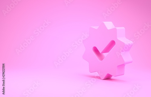 Pink Approved or certified medal with ribbons and check mark icon isolated on pink background. Minimalism concept. 3d illustration 3D render