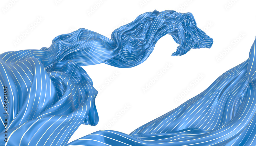 Plakat Abstract background of blue wavy silk or satin with metal stripes. 3d rendering image.