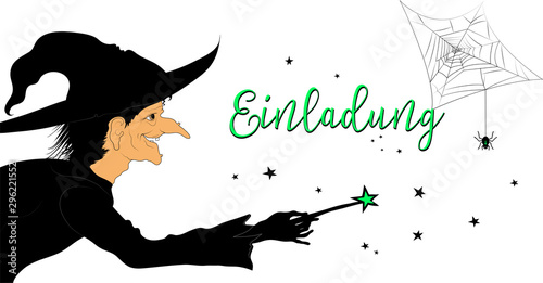 Halloween Einladungskarte, Hexe mit Zauberstab, Hexe Silhouette,  Vektor Illustration isoliert auf schwarzem Hintergrund