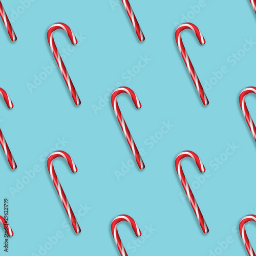 Vector Seamless Pattern with 3d Realistic Christmas and New Year Candy Cane on Blue Background. Xmas Sweet. Design Template. Winter Holidays Print for Textile, Wallpaper and Fabric