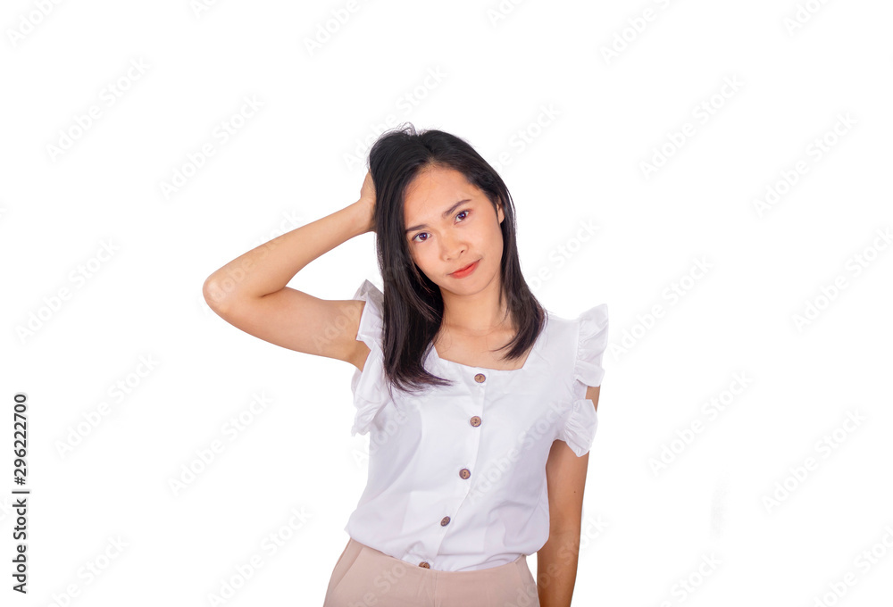 A thinking woman in white shirt A thinking woman in white shirt
