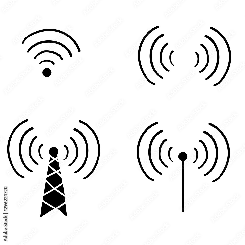 radio signals waves and light rays, radar, wifi, antenna and satellite  signal symbols handdrawn doodle style vector Stock Vector | Adobe Stock