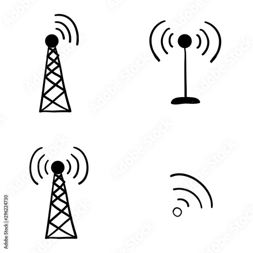 radio signals waves and light rays, radar, wifi, antenna and satellite signal symbols handdrawn doodle style vector