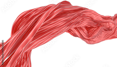 Abstract background of red wavy silk or satin with metal stripes. 3d rendering image.