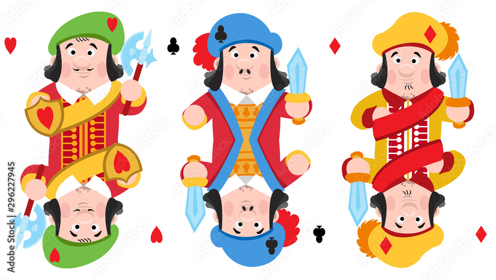 Jacks of three suits: hearts, clubs and diamonds. Playing cards with cartoon cute characters.