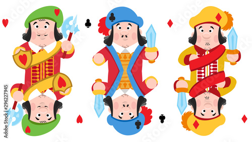 Jacks of three suits  hearts  clubs and diamonds. Playing cards with cartoon cute characters.