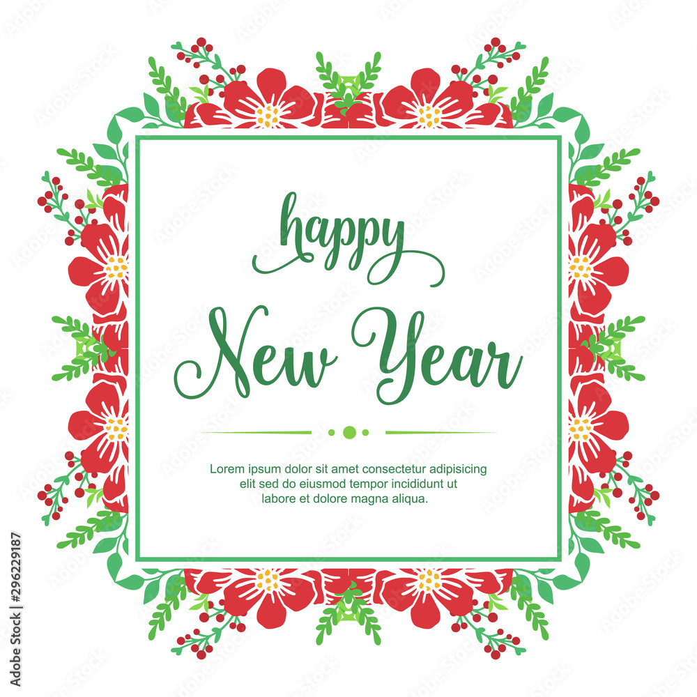 Template of card happy new year, with art of red flower frame. Vector