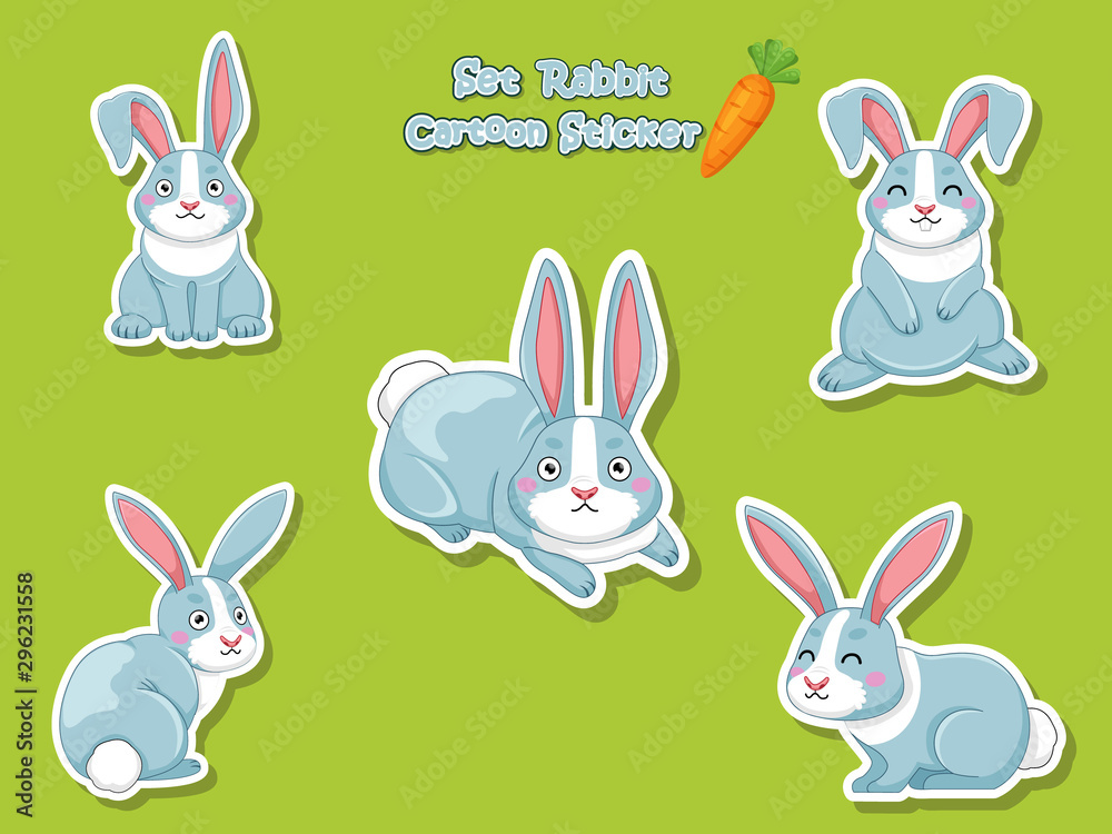 Set Cute Rabbits Cartoon Sticker. Vector Illustration With Cartoon Funny Animal Frame