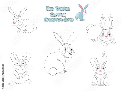 Set Connect The Dots and Draw Cute Rabbits Cartoon. Educational Game for Kids. Vector Illustration Animal Frame