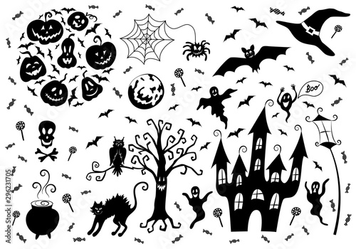 Halloween decoration set: pumpkin jack lanterns, bats, spider and cobweb, witch hat