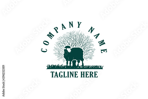 sheep on the front of branch dry tree vector illustration for farming logo or label