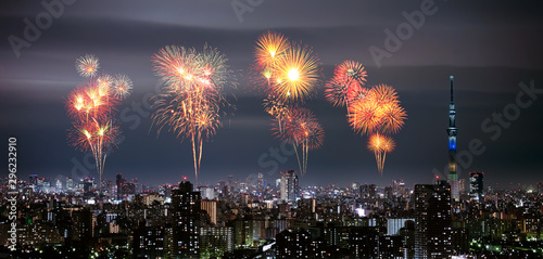 Photography Fireworks over Tokyo cityscape at night, Japan