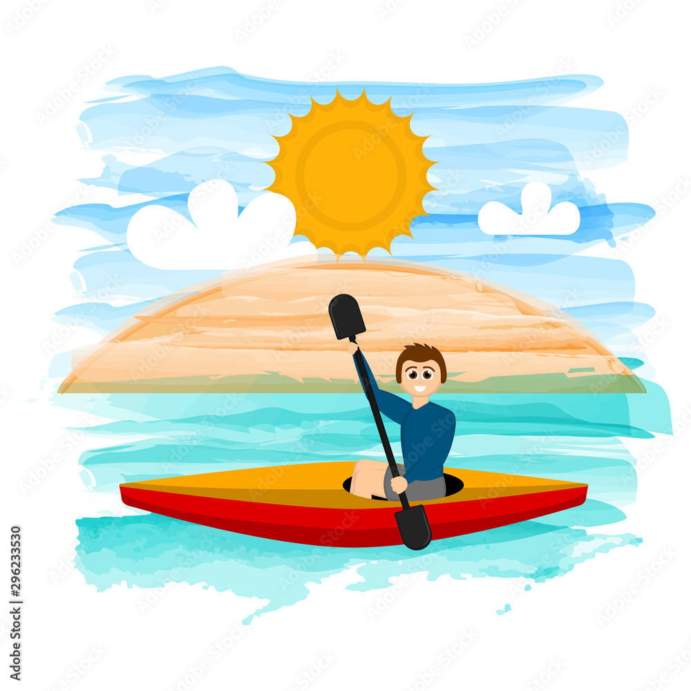 Boy on a kayak boat on a tropical beach - Vector