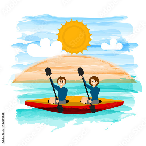 Couple on a kayak boat on a tropical beach - Vector