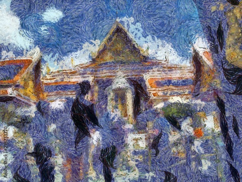 Tourist groups traveling at the Grand Palace  Bangkok Illustrations creates an impressionist style of painting.
